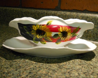 Hand Painted Porcelain Gravy Boat Americana Patriotic Sunflower Design