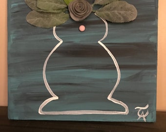 Bouncing bunny silhouette Hand Painted on Canvas with faux Greenery and felt roses