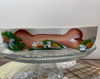 Bone shaped porcelain pet feeding and watering dish all in one delightful Daisy’s  with  bone hand painted personalized FREE