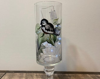 Chickadee Glass Candle holder Vase with battery lights