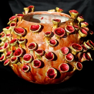 Może przedstawiać: Ceramiczny wazon o teksturowanej powierzchni i unikalnym wzornictwie. Wazon jest głównie pomarańczowy z czerwonymi i żółtymi akcentami. Liczne małe, grzybopodobne kształty z czerwonymi środkami i żółtymi łodygami zdobią zewnętrzną stronę, tworząc uderzający efekt wizualny. Wazon stoi na czarnym tle.