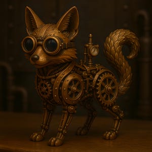 Può includere: Una scultura di volpe steampunk color bronzo con occhiali, ingranaggi e un orologio. La volpe presenta un design meccanico dettagliato, con ingranaggi visibili e una coda arricciata. La scultura è su una superficie di legno.
