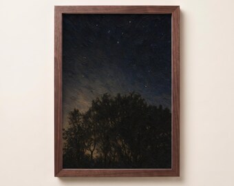 May include: A rectangular wall art piece featuring a dark, textured oil painting of a night sky filled with faint stars above a silhouette of dense trees, enclosed in a simple, medium-toned brown wooden frame with a visible grain pattern.