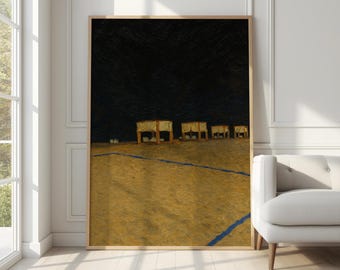 Moody Night Beach Print, Vintage Minimalist Seascape, Nocturnal Landscape Oil Painting, Dark Coastal Wall Art, Summer Cabana Decor