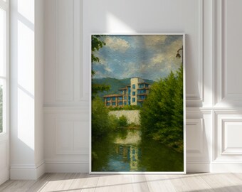 Modern Waterfront Villa Print, Lush Estate Oil Painting, Contemporary Lakehouse Wall Art, Serene Mediterranean Landscape Decor, Printable