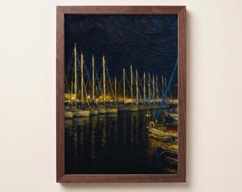 Dipinto ad olio di un porto turistico notturno, arte nautica suggestiva, stampa di un porto stellato, decorazione costiera blu scuro, poster impressionista di una barca a vela, stampabile