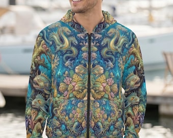 Sea Monsters Pattern Zip Hoodie, Ocean Fantasy All-Over Print, Beach cover up