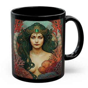 Art Nouveau Mermaid Coffee Mug: Black Ceramic Ocean Decor