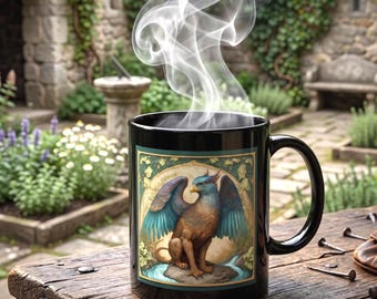 Mythical Griffin Coffee Mug | Vintage Fantasy Beast Ceramic Cup | Blue Winged Gryphon Art Gift | Gothic Creature Folklore Kitchen Decor