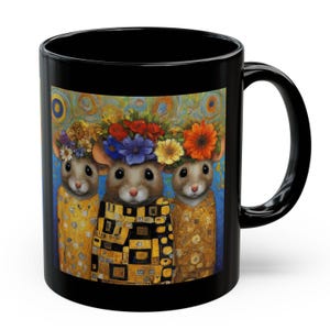 Whimsical Art coffee cup, cute Mice mug, Klimpt influenced coffee mug, cute animal mug, fun coffee cup, adorable mice mug, art lover gift