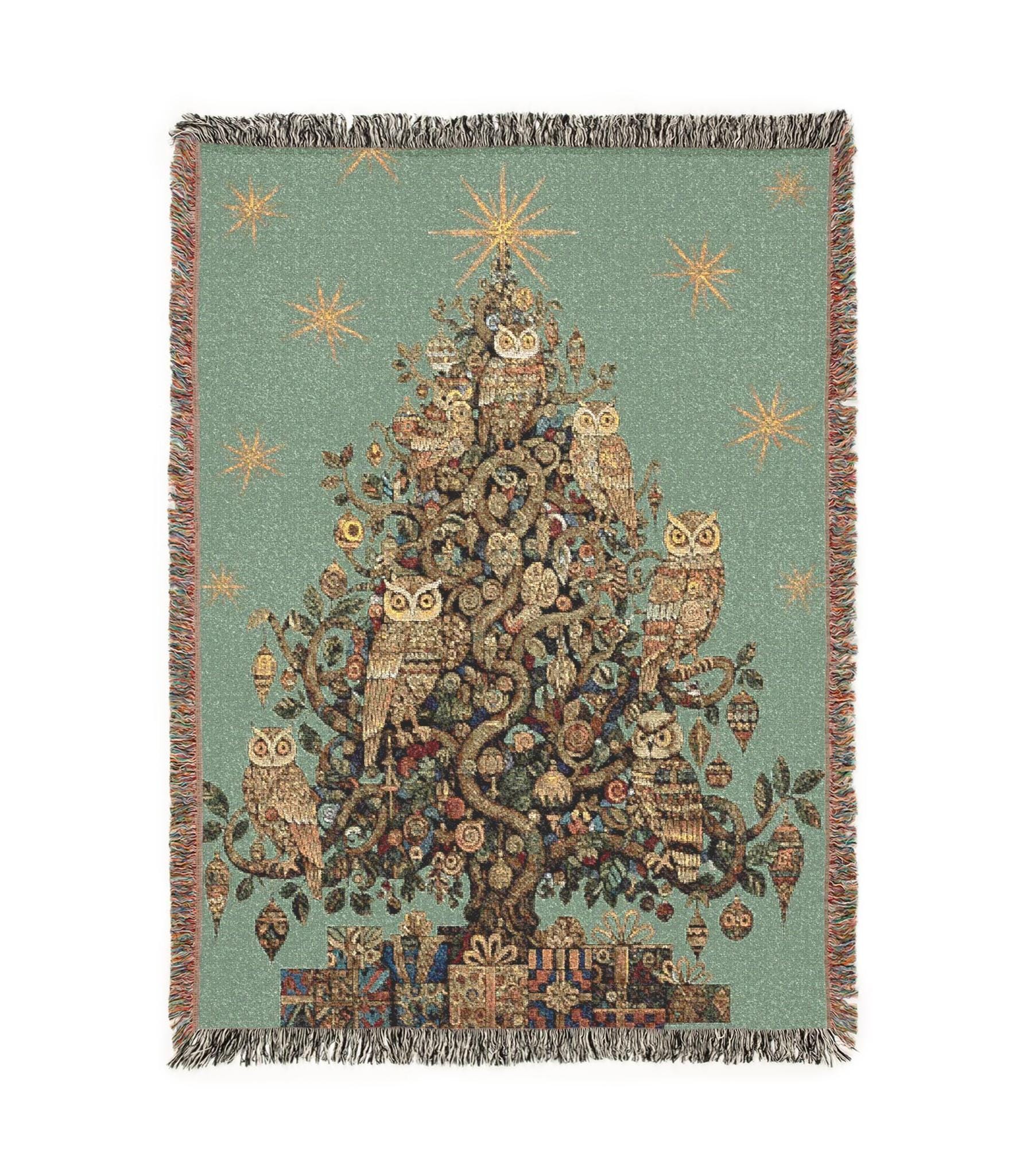 Vintage Whimsical Owls Holiday Woven Tapestry Blanket, Christmas Tree Design