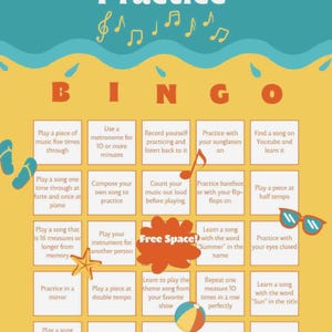 May include: A colorful bingo card titled "Summer Music Practice" with various musical activities. The card features a beach theme with musical notes, sunglasses, and a beach ball. The bingo card has the letters B, I, N, G, and O at the top.