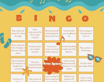 Bingo de práctica musical de verano para directores de banda, profesores particulares de música y profesores de piano: una herramienta de práctica divertida para motivar a los estudiantes.