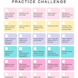 May include: A colorful infographic titled "Summer Music Practice Challenge" with various music practice tasks. Tasks include playing scales, learning songs, and practicing for specific durations. The image is designed to encourage musical practice during the summer.