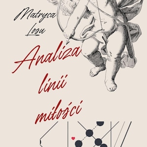 Op de afbeelding: Illustratie van een engel met pijl en boog, met Poolse tekst "Matryca Losu Analiza linii miłości" in zwart en rood. Een geometrisch ontwerp met cirkels en lijnen staat onderaan.