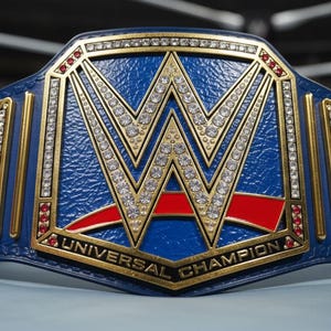 Puede incluir: Primer plano del cinturón del Campeonato Universal de la WWE. El cinturón presenta una correa de cuero azul con detalles dorados y un gran logotipo "W" con diamantes. Las palabras "UNIVERSAL CHAMPION" están inscritas.