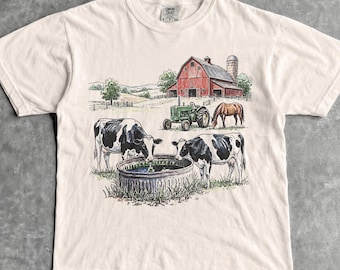 Jaren 90 boerderij T-shirt - heren- en damesshirt uniseks grafisch T-shirt - vintage landshirt - schuurleven - koe - paard - shirt tractor - nostalgische top