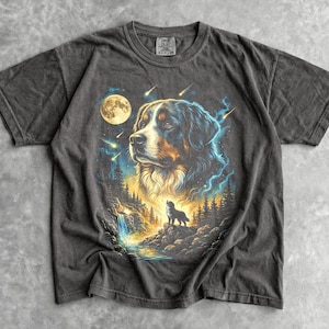 Bernese Mountain Dog Howling Moon T-Shirt - Men & Women's Unisex Graphic Tee - Vintage 90s Dog Meme Shirt - Funny BMD Dog Mom Shirt