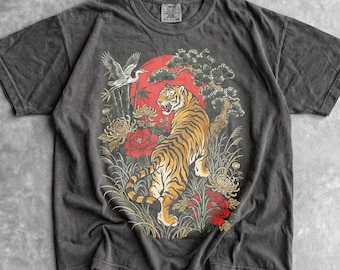 Retro tijger T-shirt - mannen en vrouwen unisex grafisch T-shirt - vintage boho-shirt - linosnede stijl Wildcat-shirt - Cottagecore-shirt