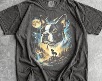 Boston Terrier Howling Moon T-shirt - mannen en vrouwen unisex grafisch T-shirt - vintage jaren 90 hond meme shirt - grappige hond Momma tee - retro top