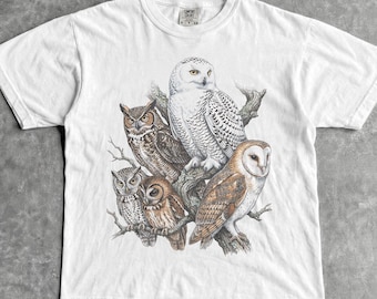 Grafisch T-shirt uilen - heren- en dames-uniseks T-shirt - Vintage Great Horned - sneeuwuil - kerkuil T-shirt - jaren 90 uil Wildlife shirt - Cottagecore top