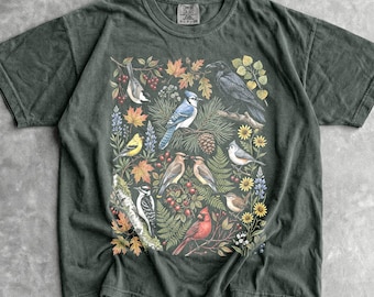 Jaren 90 Cottagecore Birds T-shirt - heren- en damesshirt uniseks grafisch T-shirt - Vintage Boho Nature Shirt - volkskunst T-shirt - shirt Woodland esthetic
