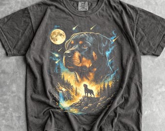 Rottweiler Howling Moon T-shirt - mannen en vrouwen unisex grafisch T-shirt - vintage jaren 90 hond meme shirt - grappig dom shirt - losgeslagen shirts