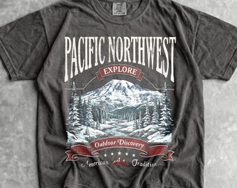 Camiseta Pacific Northwest - Camiseta Unissex com Estampa - Camiseta Vintage dos Anos 90 com Tema de Parques Nacionais - Camiseta do Monte Rainier - Camiseta para Trilhas e Atividades ao Ar Livre