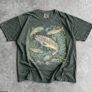 90er Jahre Fluss Wildtier T-Shirt - Herren & Damen Unisex Grafik T-Shirt - Vintage Regenbogenforelle T-Shirt - Angeln Hemden - Retro Fisch Hemd - Natur Top