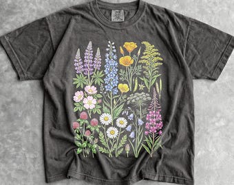 T-shirt met wilde bloemen uit de jaren 90 - heren- en damesshirt uniseks grafisch T-shirt - vintage bloemenmeisjesshirt jaren 90 - natuur planten T-shirt - retro bloemenshirt