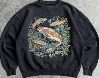 Jaren 90 River Wildlife-sweater - unisex grafische trui heren en dames - vintage regenboogforel ronde hals - retro visserstrui