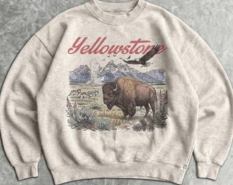 90s Yellowstone Sweatshirt - Unisex Men & Women's Graphic Sweater - Vintage Crewneck - Retro National Park Pullover - Bison - Wolves - Eagle