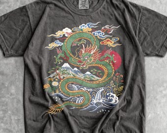 Retro Dragon T-Shirt - Men & Women's Unisex Graphic Tee - Vintage Boho Shirt - Linocut Style Folk Art Shirt - Japanese Cottagecore Shirt