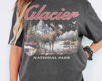 Camiseta do Parque Nacional Glacier dos anos 90 - Camiseta unissex com estampa vintage e efeito desgastado - Alce - Urso - Montana, EUA