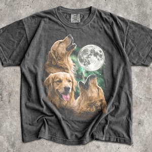 Three Golden Retrievers T-Shirt - Men & Women's Unisex Graphic Tee - Vintage 90s Dog Meme Shirt - Full Moon Pet Howling Tee - Funny Dog Tee