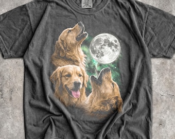 Drei Golden Retriever T-Shirt - Männer & Frauen Unisex Grafik T-Shirt - Vintage 90er Jahre Hund Meme Shirt - Vollmond Haustier Heulen T-Shirt - Lustiges Hund T-Shirt
