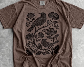 Linosnede vogels T-shirt - heren- en damesshirt uniseks grafisch T-shirt - vintage jaren 90 bloemenshirt - shirt botanische planten - Cottagecore-cadeaus