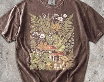 Koszulka z grzybami leśnymi z lat 90. – unisexowa koszulka męska i damska z grafiką – koszula vintage cottagecore – koszulka botaniczna z leśnymi grzybami