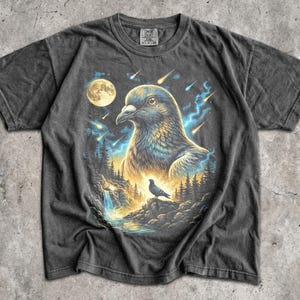 May include: A charcoal grey short-sleeve t-shirt featuring a graphic print of a large pigeon head against a night sky with a full moon, falling stars, and blue lightning. Below, a smaller pigeon stands on a rocky cliff near a waterfall and forest.