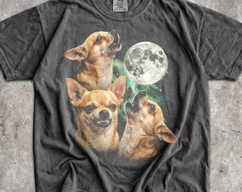 90er Jahre Drei Chihuahuas T-Shirt - Männer & Frauen Unisex Grafik T-Shirt - Vollmond Heulen Shirt - Lustiges Hund Meme Shirt - Retro Dummes Haustier Shirt