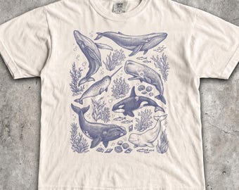 90s Whales T-Shirt - Men & Women's Unisex Graphic Tee - Vintage Tattoo Style Ocean Shirt - Beluga - Humpback - Orca - Narwhal - Animal Tee