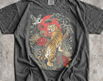 Camiseta retro de tigre - Camiseta unisex con estampado para hombre y mujer - Camiseta bohemia vintage - Camiseta estilo linograbado - Camiseta estilo cottagecore