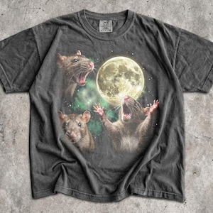 Three Rats Moon T-Shirt - Men & Women's Unisex Graphic Tee - Silly Cute Rodent Meme Shirt - Rats Howling Tee - Funny Unhinged Shirts