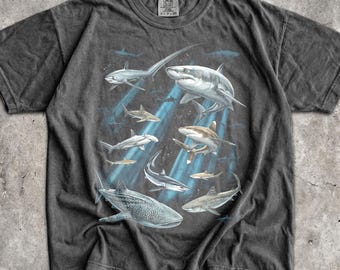 90s Sharks T-Shirt - Men & Women's Unisex Graphic Tee - Vintage Ocean Streetwear - Retro Ocean Habitat Shirt - Shark Wildlife Top