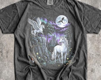 90s Fantasy Unicorn T-Shirt - Men & Women's Unisex Graphic Tee - Vintage Whimsical Shirt - Magical Pegasus - Dragon - Medieval Castle Shirt