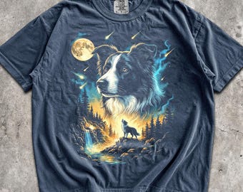 Border Collie Howling Moon T-Shirt - Men & Women's Unisex Graphic Tee - Vintage 90s Dog Meme Shirt - Funny Unhinged Dog Shirt
