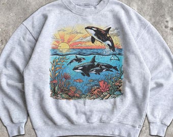 Retro Ocean Orcas Sweatshirt - Unisex Men & Women's Graphic Sweater - Vintage 90s Beach Wildlife Sweater - Old School Summer Sunset Pullover