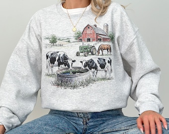 90s Farm Sweatshirt - Unisex Men & Women's Graphic Sweater - Vintage Nostalgia Crewneck - Western Country Pullover - Cow Horse Barn Sweater