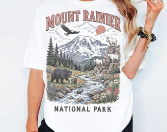 Camiseta Mount Rainier dos anos 90 - Camiseta unissex com estampa vintage - Camiseta vintage de parque nacional dos anos 90 - Noroeste do Pacífico - Washington, EUA