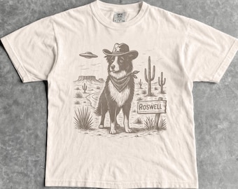 Border Collie UFO T-Shirt - Men & Women's Unisex Graphic Tee - Roswell Alien Incident - Western - Country - Desert - Dog Graphic Shirt